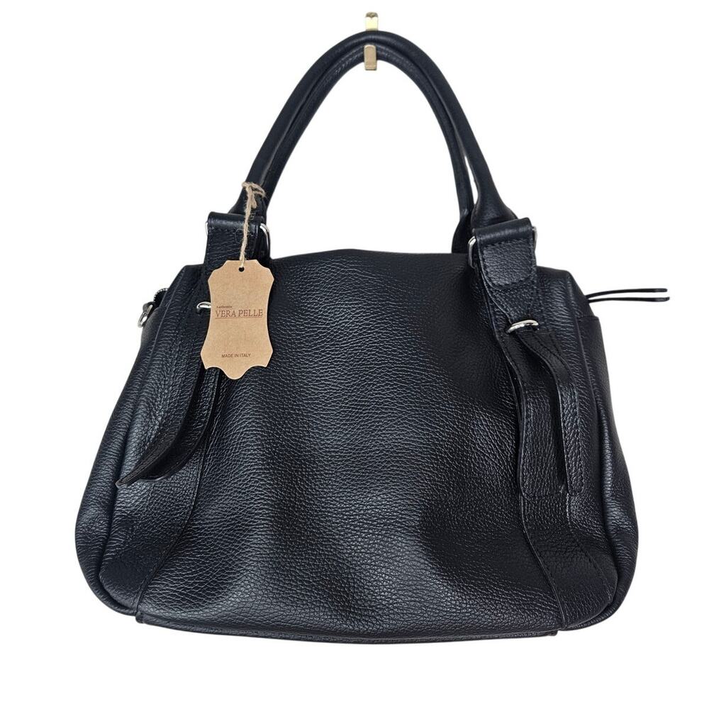 NEW Vera Pelle Italian Leather Black Hobo Bag Pebbled Minimalist Top Zip Classic